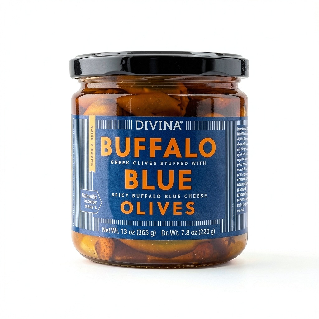Divina Buffalo Spicy Olives in a serving bowl with celery sticks