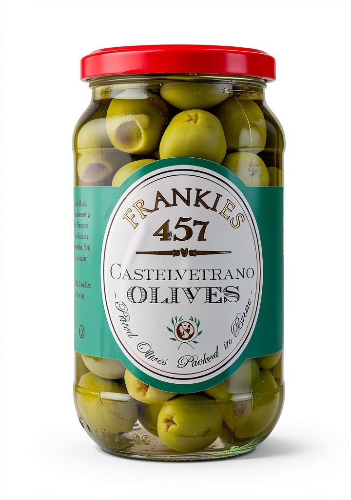 Frankies 457 Castelvetrano olives in a jar on a charcuterie board