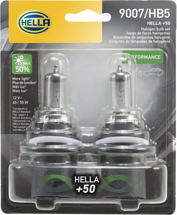 HELLA +50 Performance 9007 Headlight Bulb 65/55W Twin Blister Pack-0