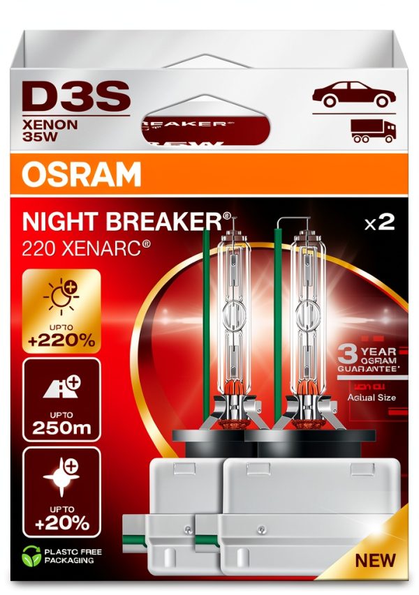 OSRAM Xenarc Night Breaker 220, D3S, +220% More Brightness, Xenon Headlight Bulb, 66340XN2-2HB, Folding Box (2 Lamps)-0